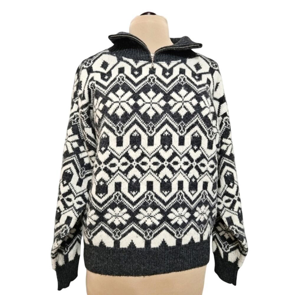 WOOL Blend Chunky Gray and White Quarter Zip Pullover Winter Knit Sweater